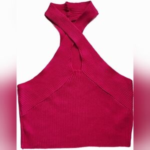 Hot Pink Ribbed Knit Halter Top